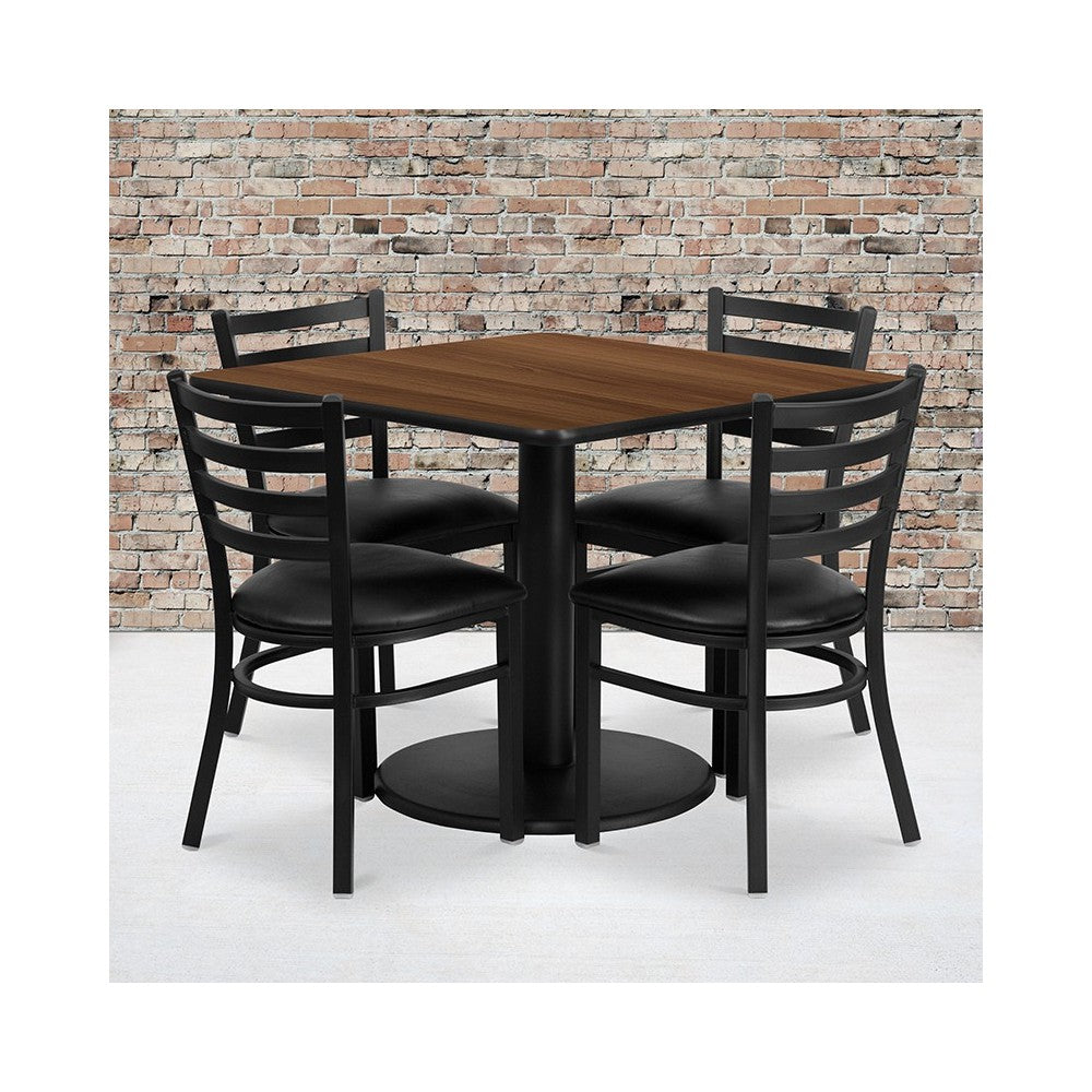 36'' Square Walnut Laminate Table Set with Round Base and 4 Ladder Back Metal Chairs - Black Vinyl Seat