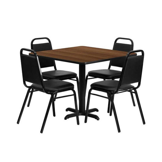 36'' Square Walnut Laminate Table Set with X-Base and 4 Black Trapezoidal Back Banquet Chairs