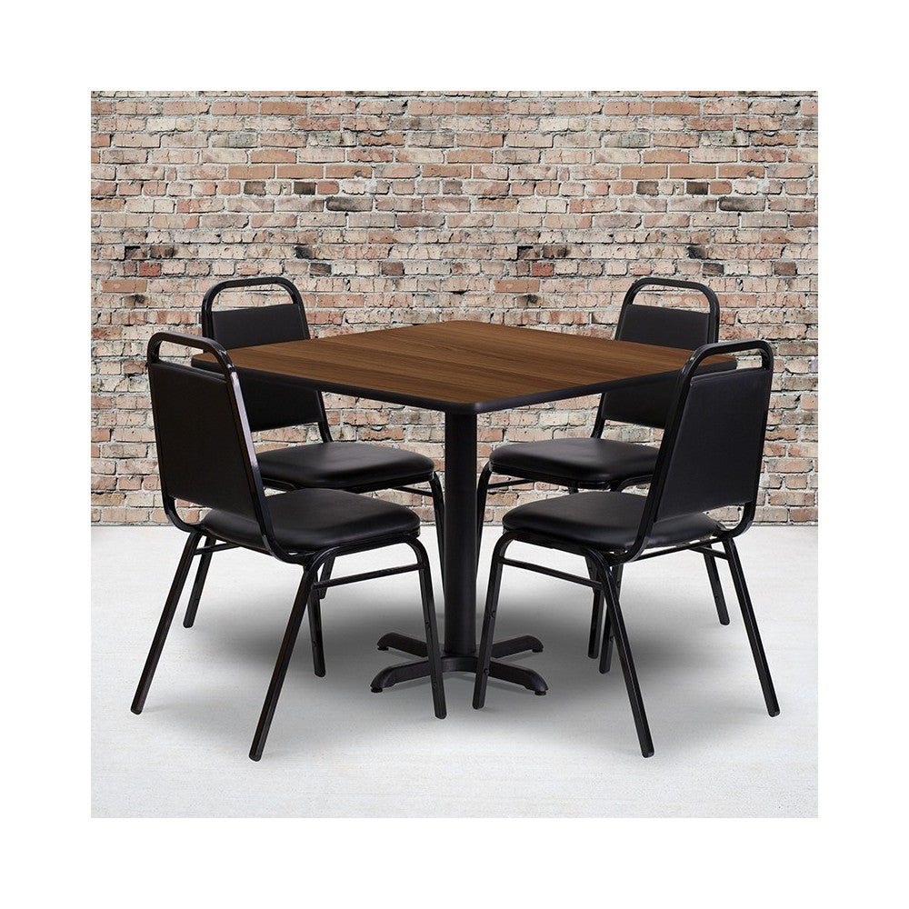 36'' Square Walnut Laminate Table Set with X-Base and 4 Black Trapezoidal Back Banquet Chairs