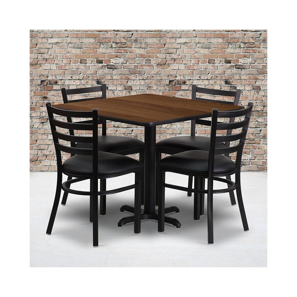 36'' Square Walnut Laminate Table Set with X-Base and 4 Ladder Back Metal Chairs - Black Vinyl Seat