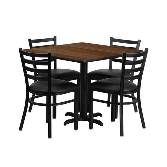 36'' Square Walnut Laminate Table Set with X-Base and 4 Ladder Back Metal Chairs - Black Vinyl Seat