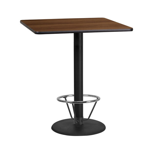 36'' Square Walnut Laminate Table Top with 24'' Round Bar Height Table Base and Foot Ring