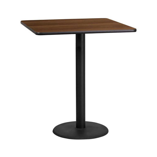 36'' Square Walnut Laminate Table Top with 24'' Round Bar Height Table Base