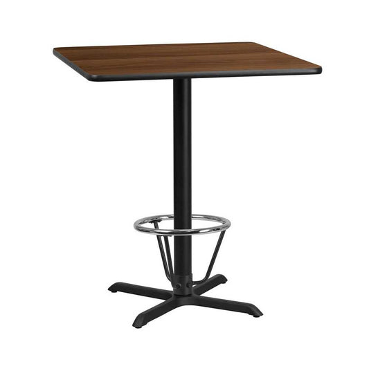 36'' Square Walnut Laminate Table Top with 30'' x 30'' Bar Height Table Base and Foot Ring