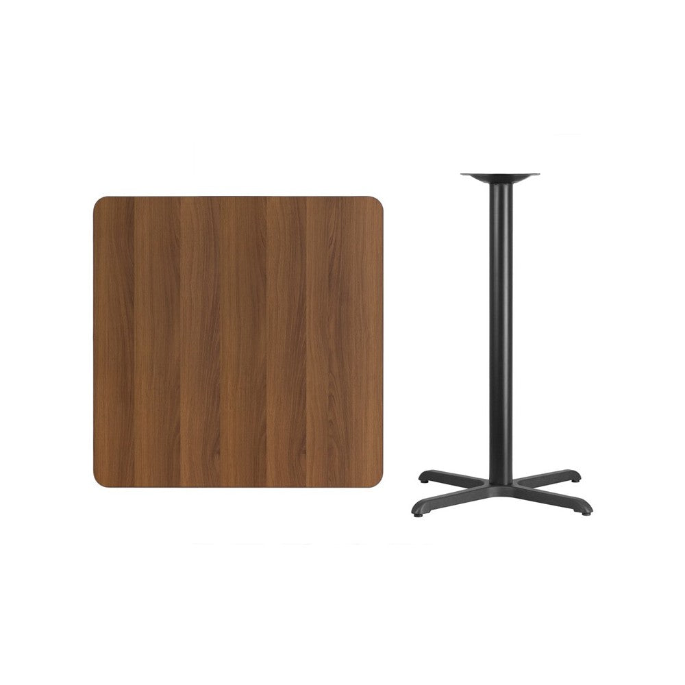 36'' Square Walnut Laminate Table Top with 30'' x 30'' Bar Height Table Base