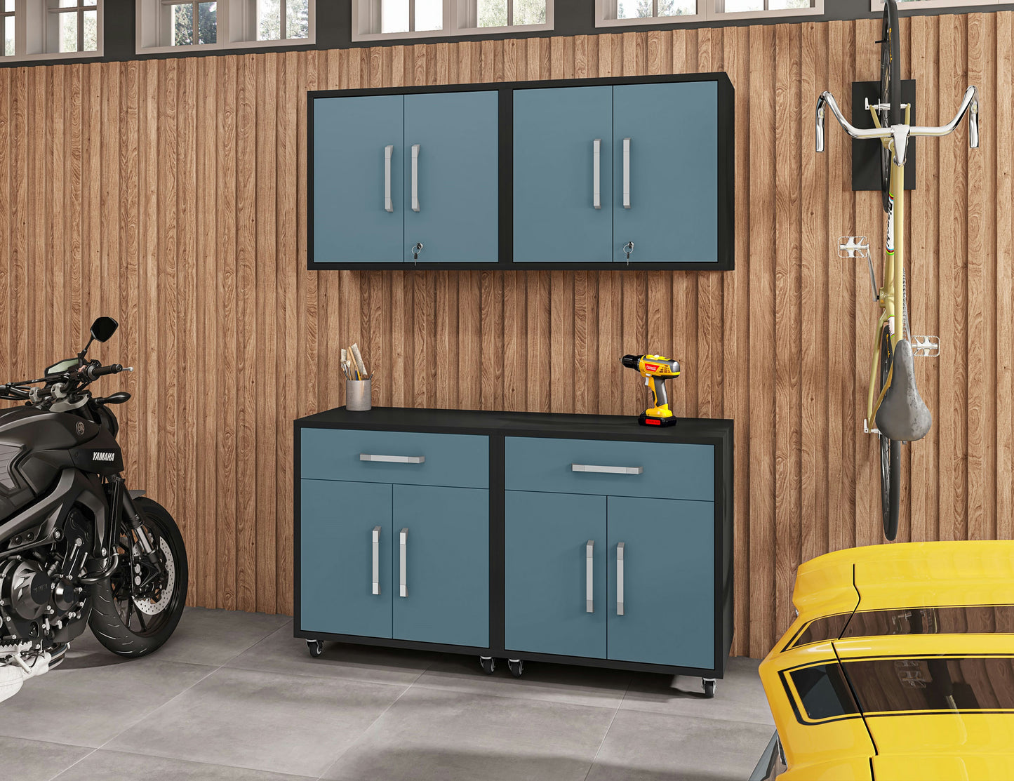 Eiffel 4-Piece Garage Storage Set in Matte Black and Aqua Blue