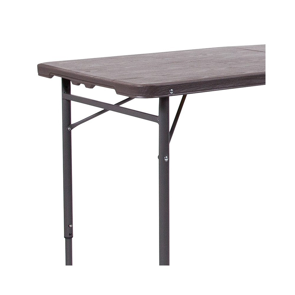 4-Foot Height Adjustable Bi-Fold Brown Wood Grain Plastic Folding Table with Carrying Handle