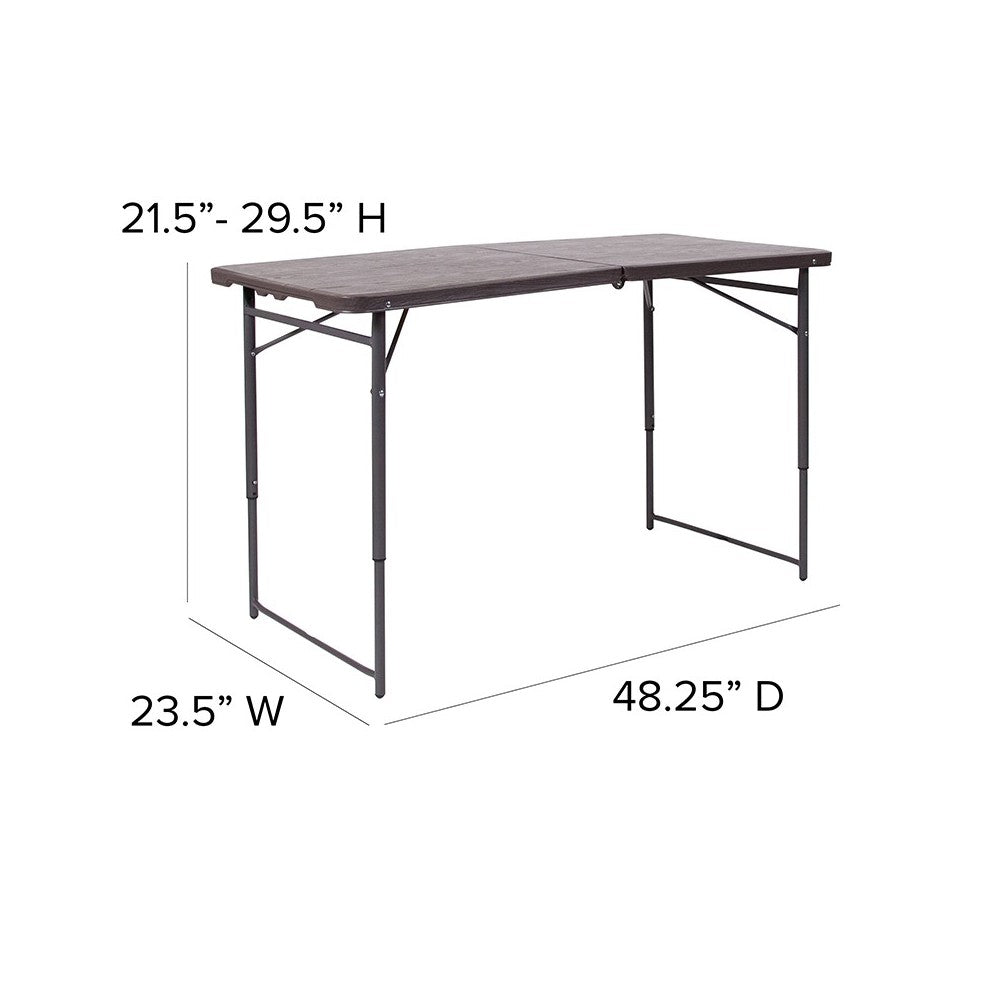 4-Foot Height Adjustable Bi-Fold Brown Wood Grain Plastic Folding Table with Carrying Handle