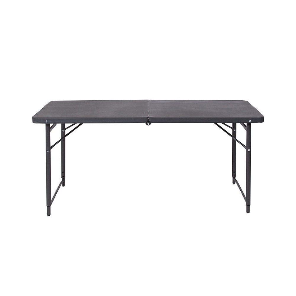 4-Foot Height Adjustable Bi-Fold Dark Gray Plastic Folding Table with Carrying Handle