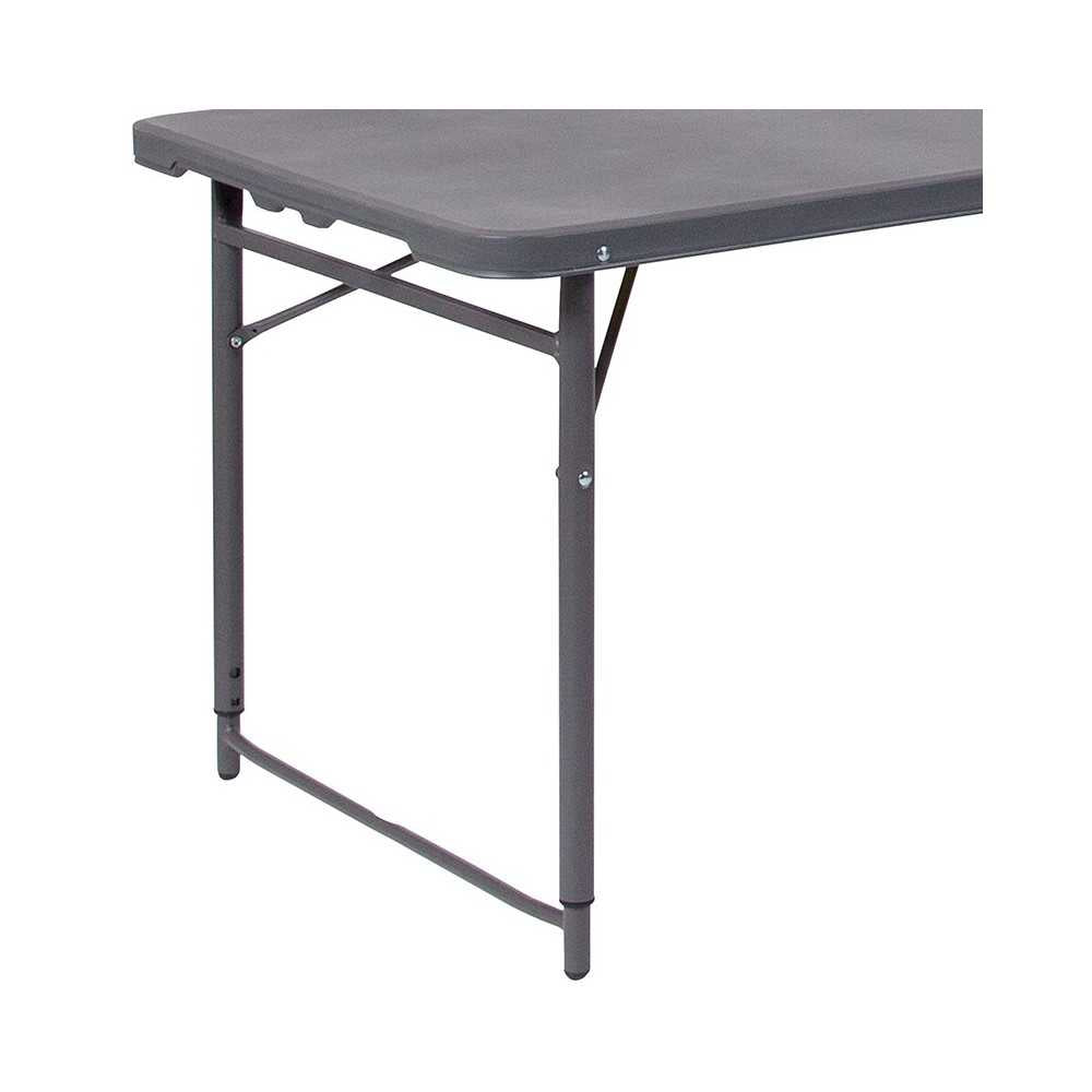 4-Foot Height Adjustable Bi-Fold Dark Gray Plastic Folding Table with Carrying Handle