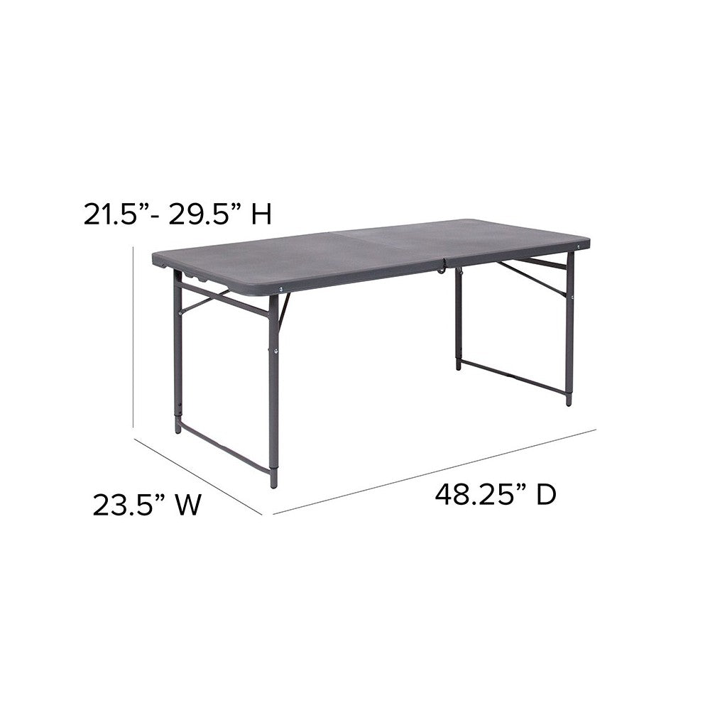 4-Foot Height Adjustable Bi-Fold Dark Gray Plastic Folding Table with Carrying Handle