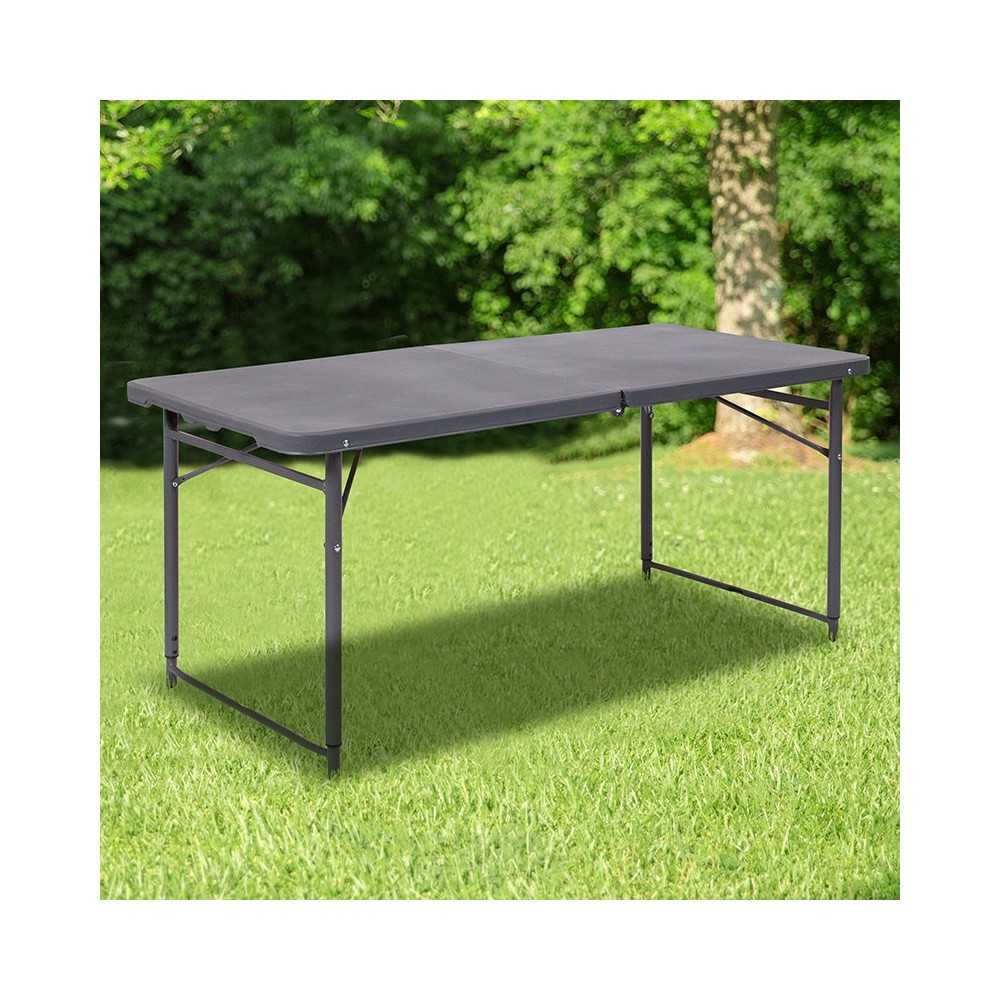 4-Foot Height Adjustable Bi-Fold Dark Gray Plastic Folding Table with Carrying Handle