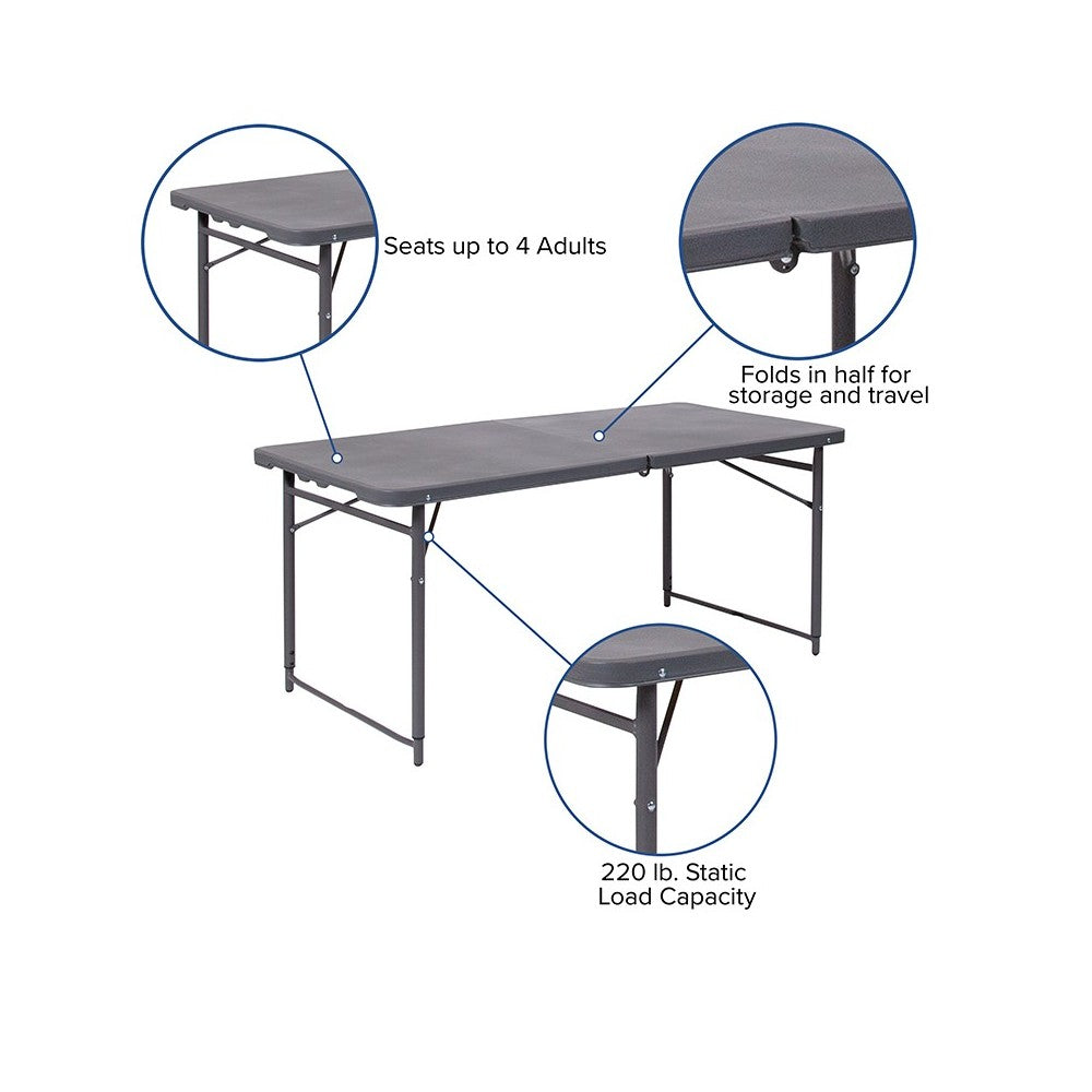 4-Foot Height Adjustable Bi-Fold Dark Gray Plastic Folding Table with Carrying Handle