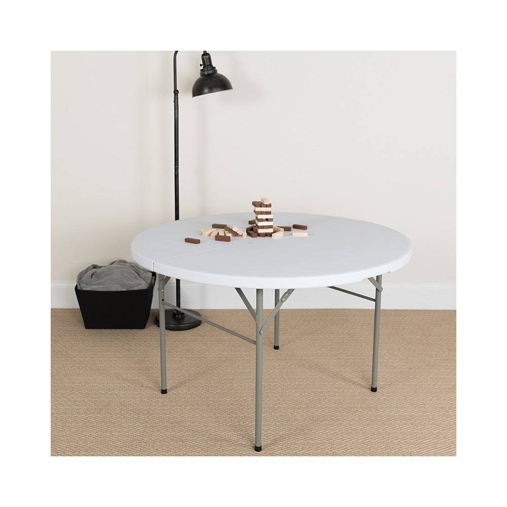 4-Foot Round Bi-Fold Granite White Plastic Banquet and Event Folding Table with Carrying Handle