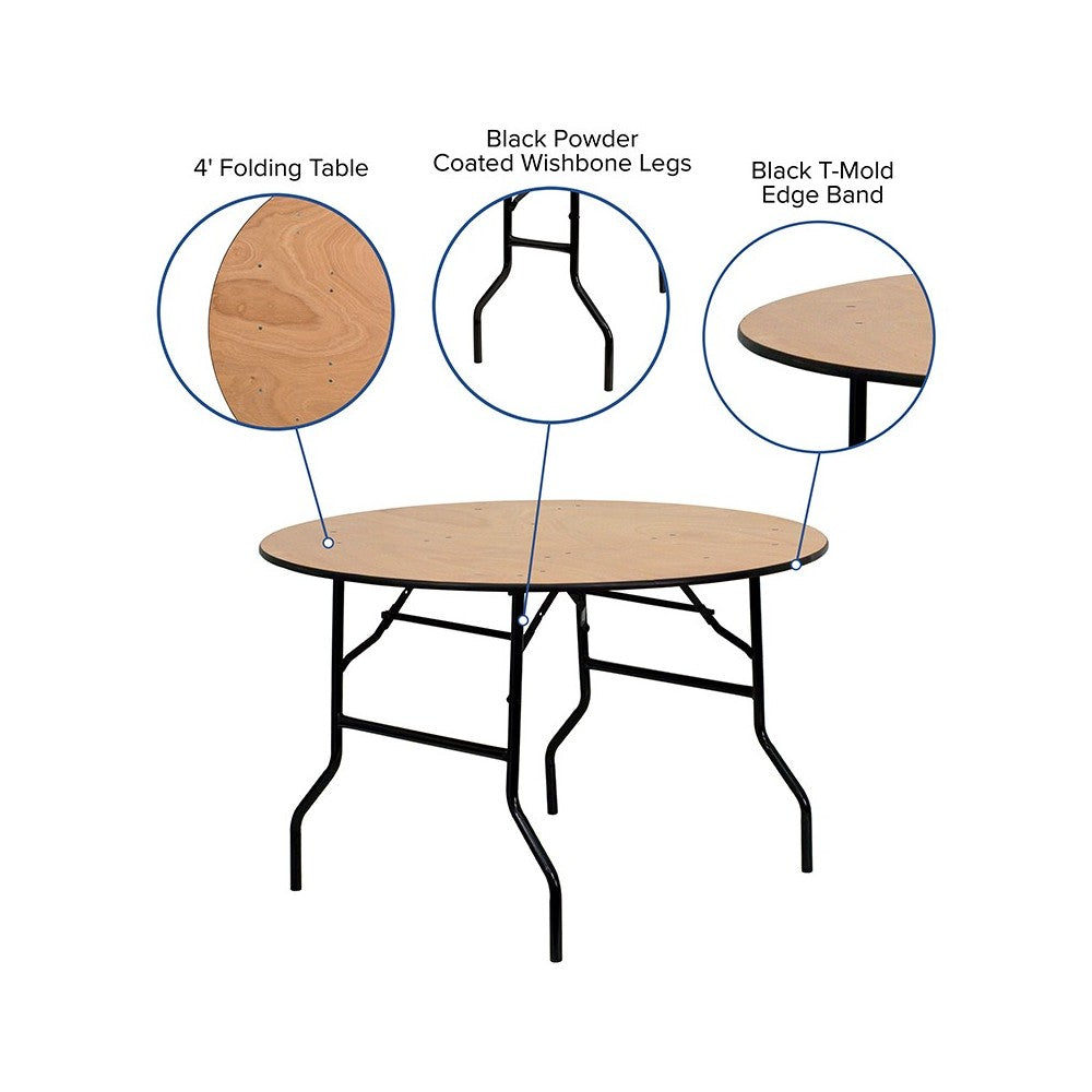 4-Foot Round Wood Folding Banquet Table with Clear Coated Finished Top