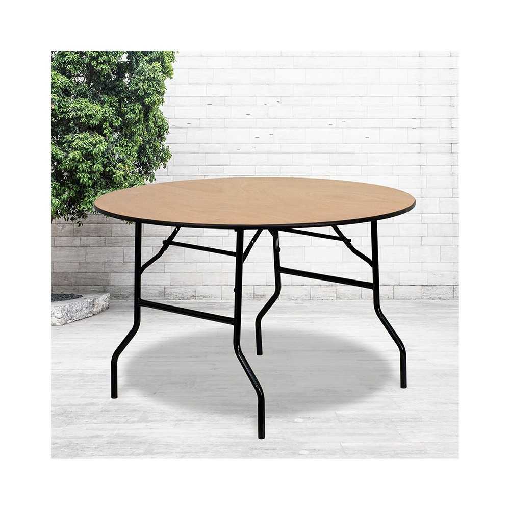 4-Foot Round Wood Folding Banquet Table with Clear Coated Finished Top