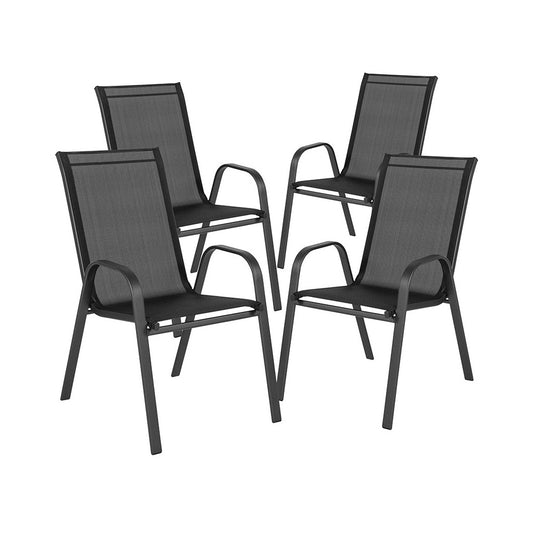 4 Pack Brazos Series Black Outdoor Stack Chair with Flex Comfort Material and Metal Frame