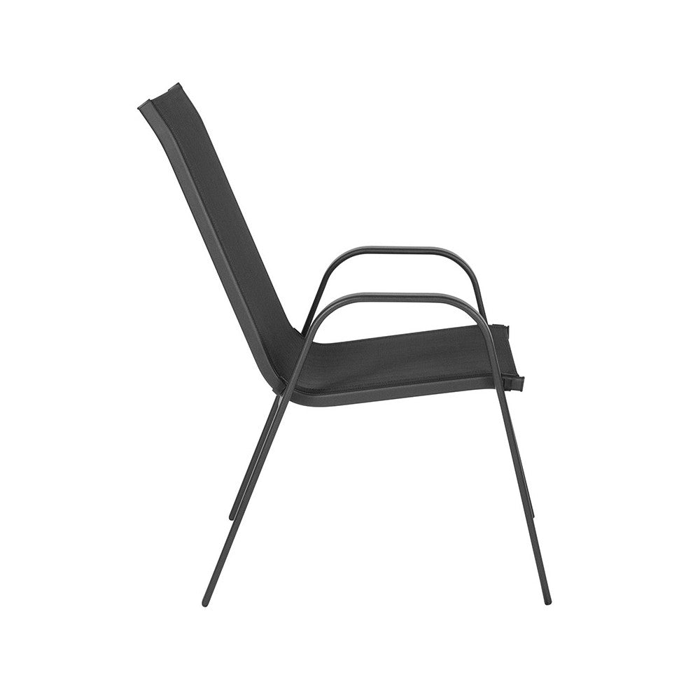 4 Pack Brazos Series Black Outdoor Stack Chair with Flex Comfort Material and Metal Frame