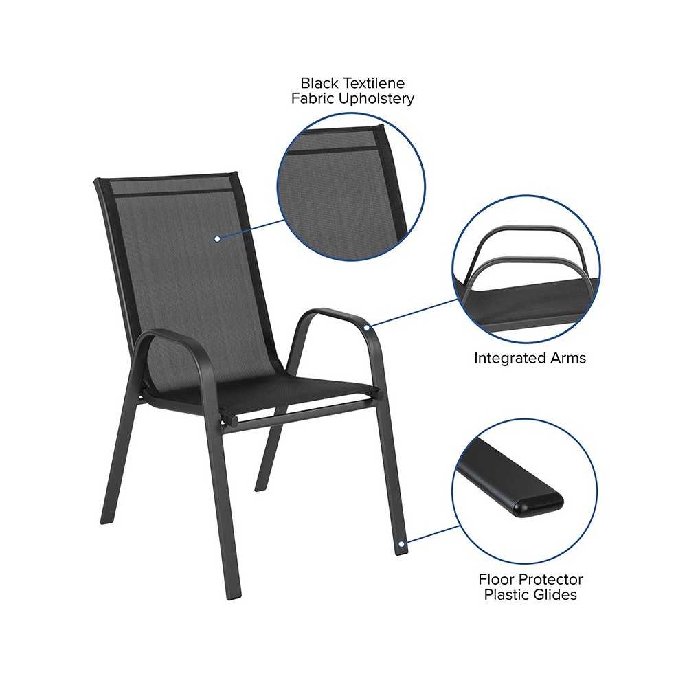 4 Pack Brazos Series Black Outdoor Stack Chair with Flex Comfort Material and Metal Frame