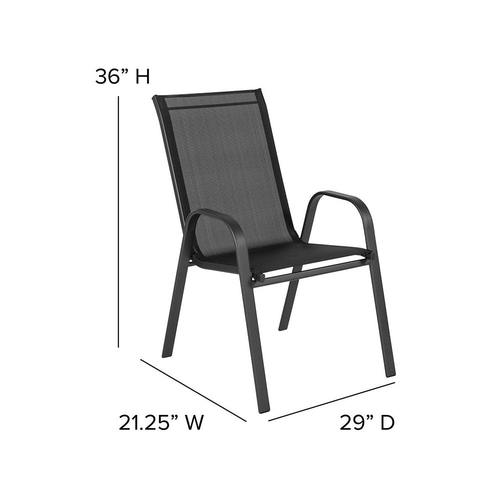 4 Pack Brazos Series Black Outdoor Stack Chair with Flex Comfort Material and Metal Frame