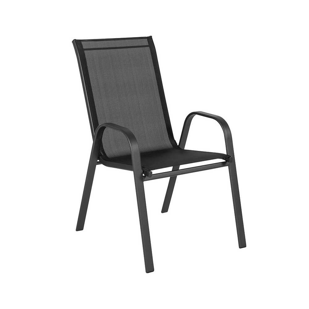 4 Pack Brazos Series Black Outdoor Stack Chair with Flex Comfort Material and Metal Frame
