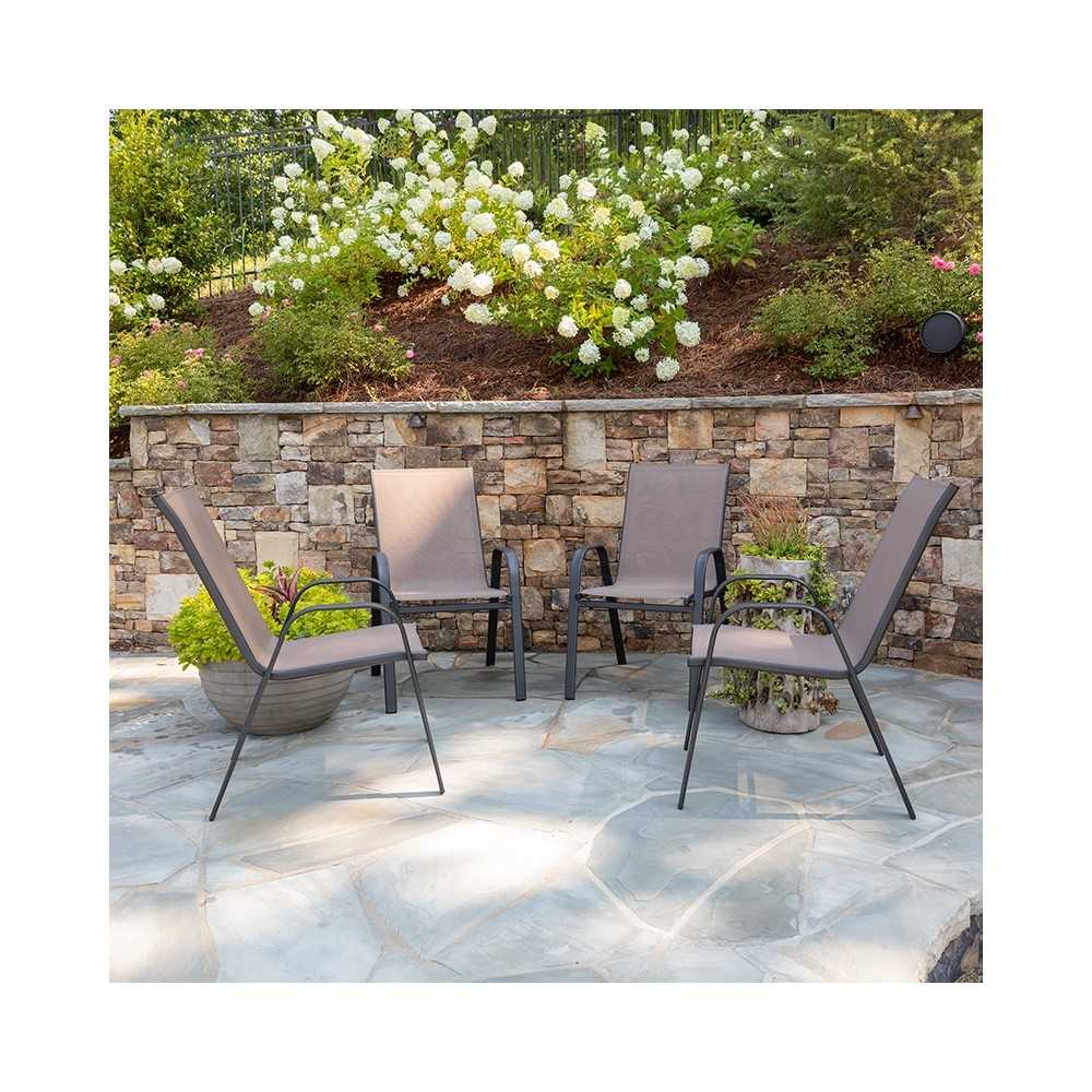4 Pack Brazos Series Brown Outdoor Stack Chair with Flex Comfort Material and Metal Frame