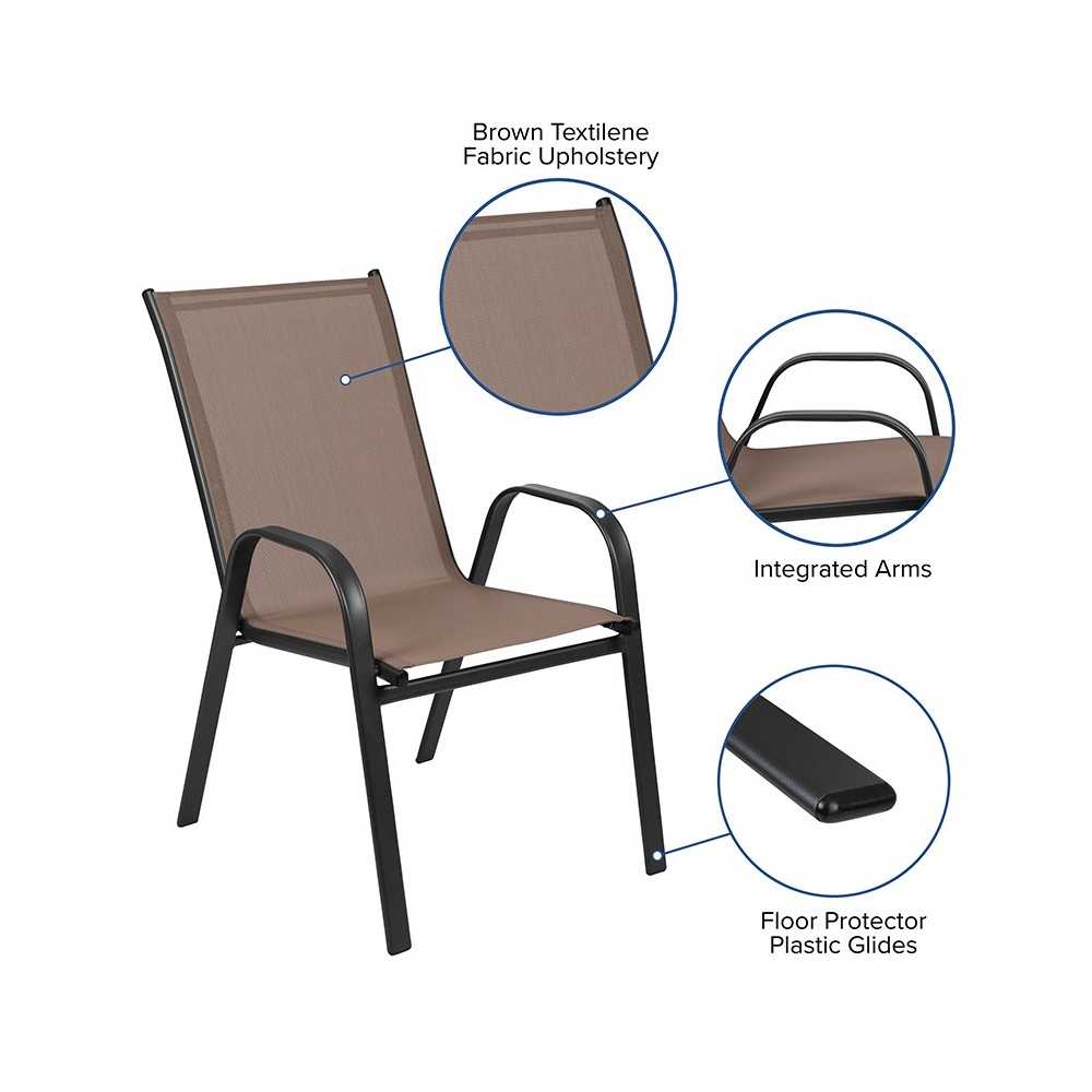 4 Pack Brazos Series Brown Outdoor Stack Chair with Flex Comfort Material and Metal Frame