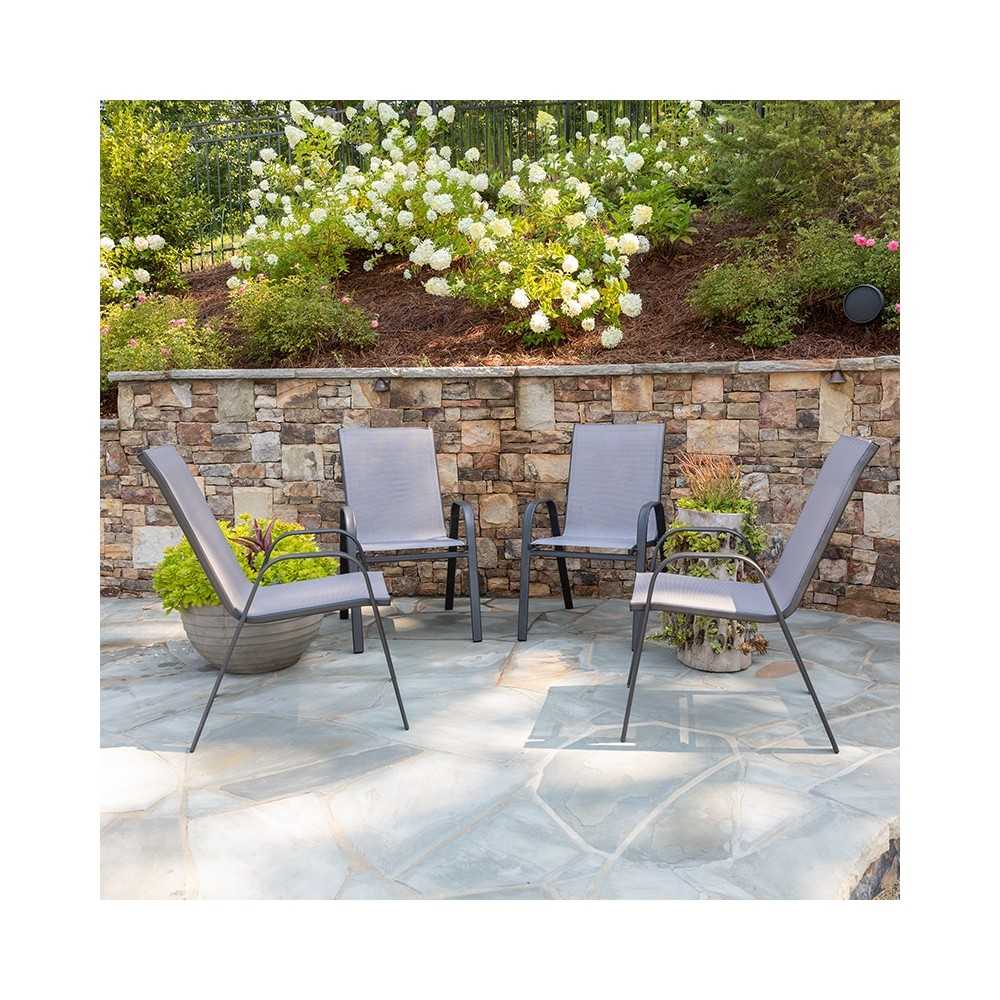 4 Pack Brazos Series Gray Outdoor Stack Chair with Flex Comfort Material and Metal Frame