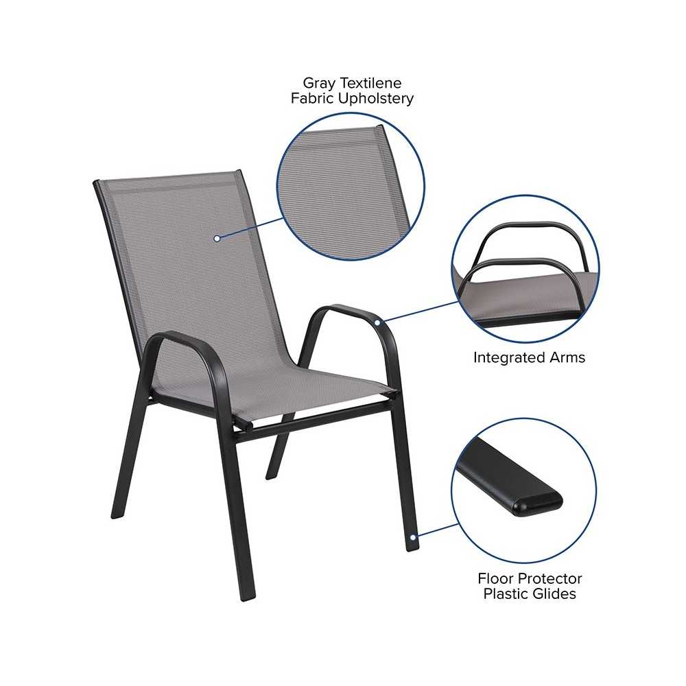 4 Pack Brazos Series Gray Outdoor Stack Chair with Flex Comfort Material and Metal Frame