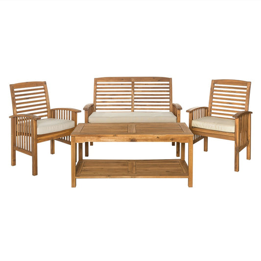 4-Piece Acacia Wood Outdoor Patio Conversation Set with Cushions - Brown