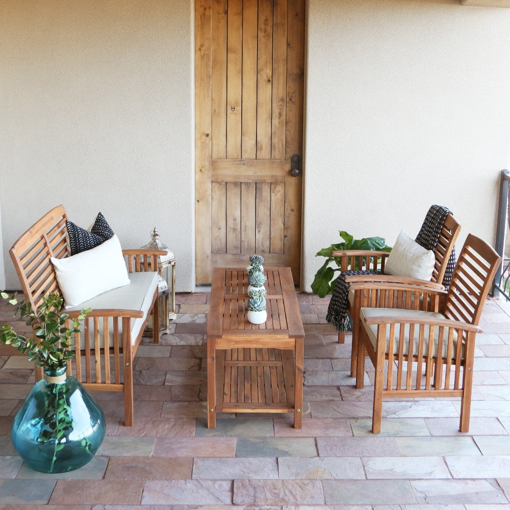 4-Piece Acacia Wood Outdoor Patio Conversation Set with Cushions - Brown