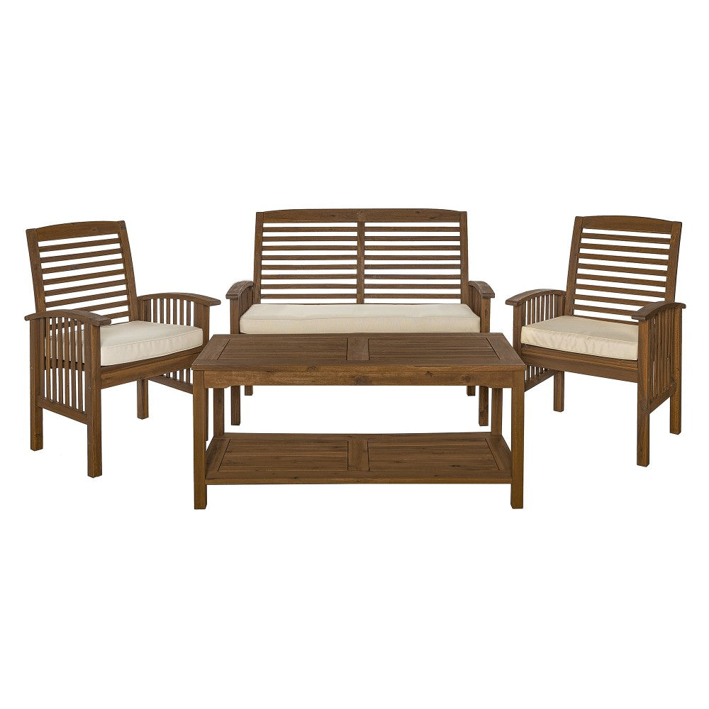 4-Piece Acacia Wood Outdoor Patio Conversation Set with Cushions - Dark Brown