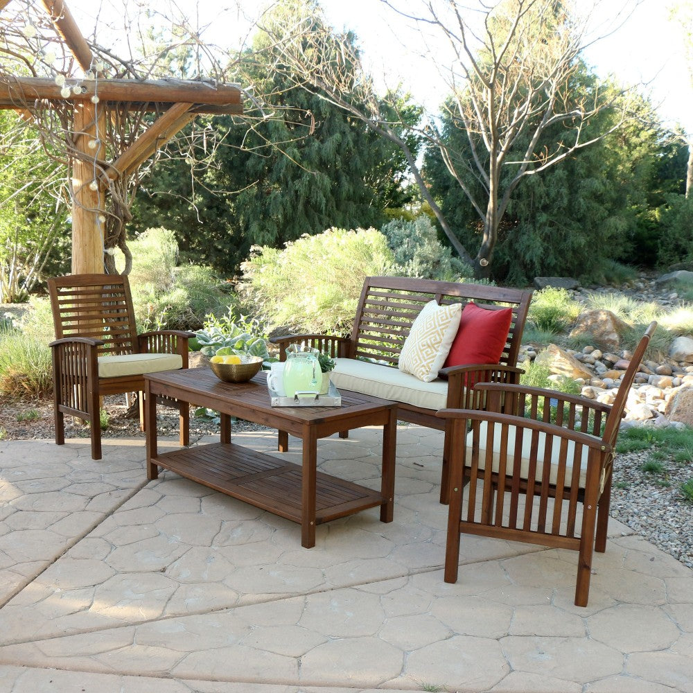 4-Piece Acacia Wood Outdoor Patio Conversation Set with Cushions - Dark Brown