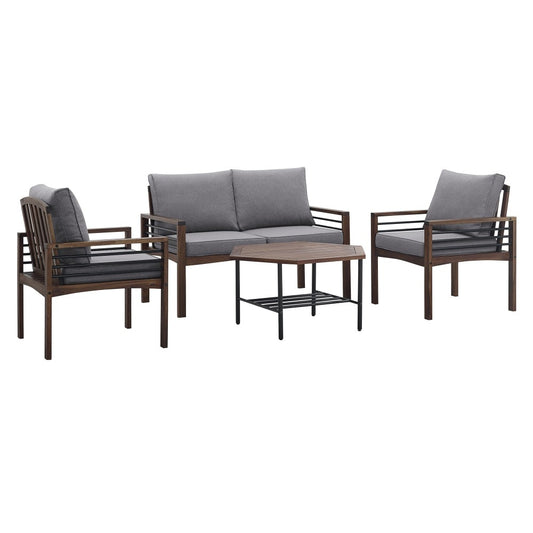 4-Piece Modern Wood and Metal Outdoor Patio Conversation Set - Gray/Dark Brown