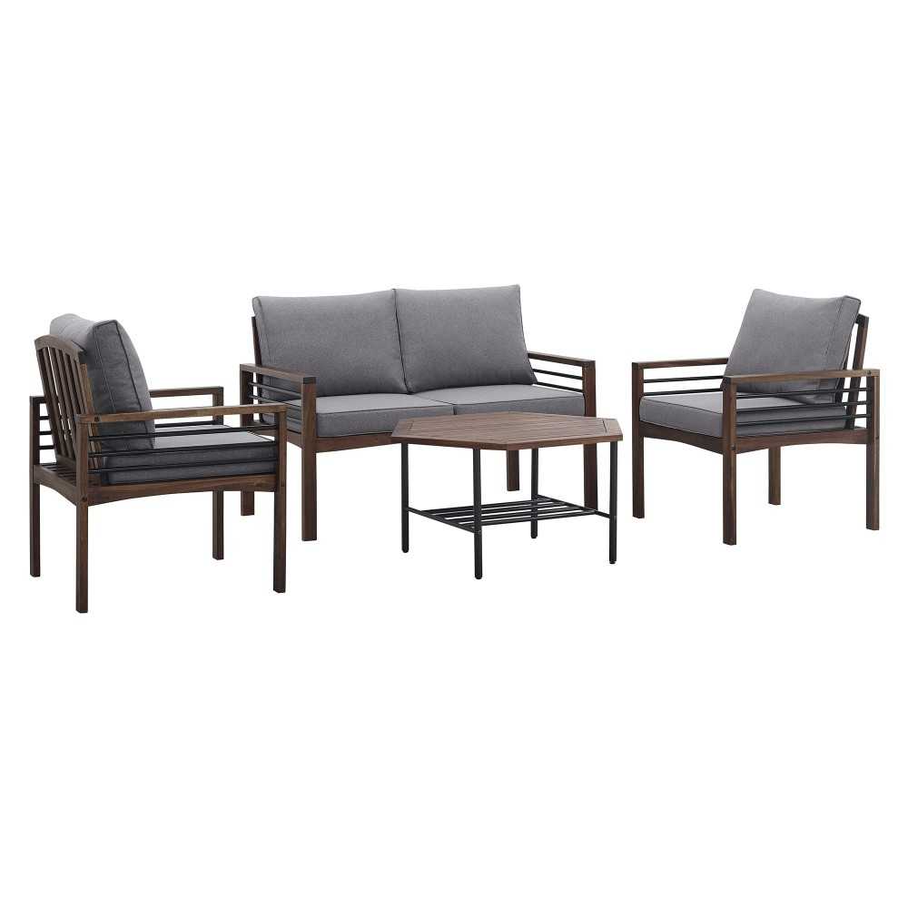 4-Piece Modern Wood and Metal Outdoor Patio Conversation Set - Gray/Dark Brown