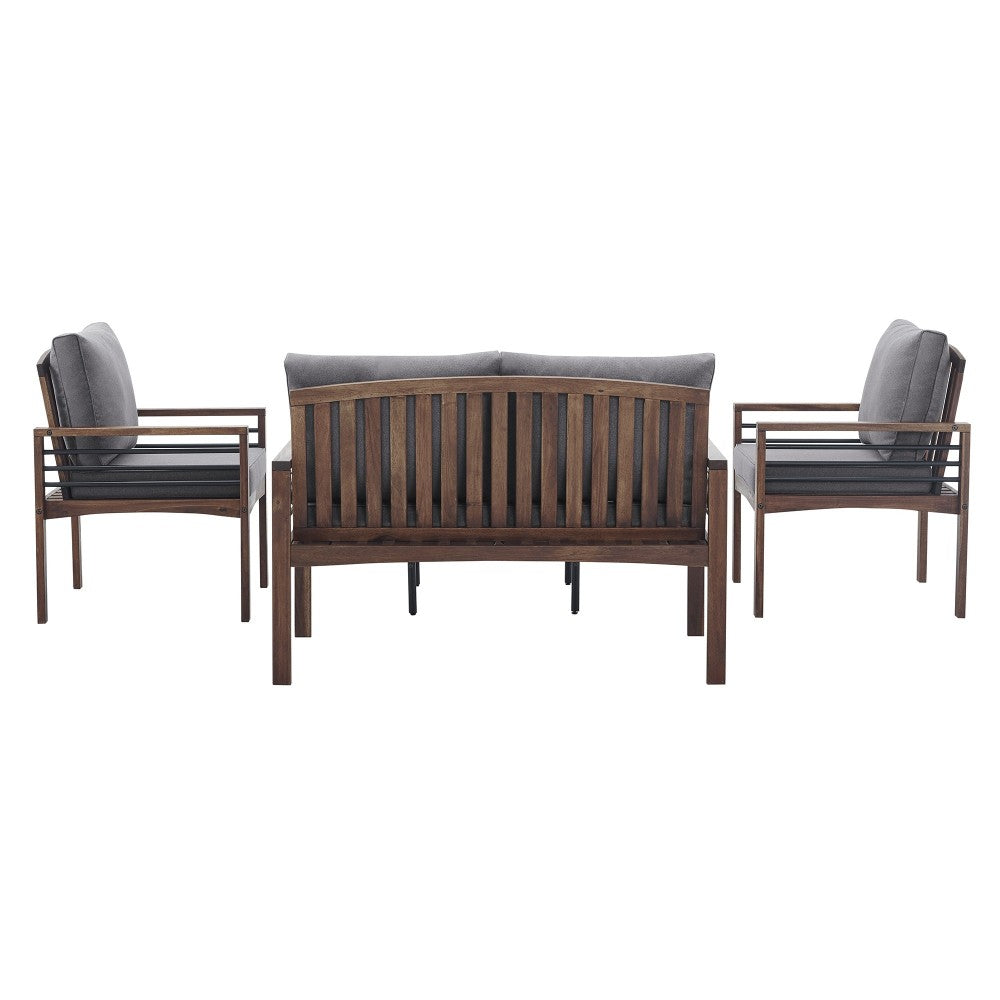 4-Piece Modern Wood and Metal Outdoor Patio Conversation Set - Gray/Dark Brown