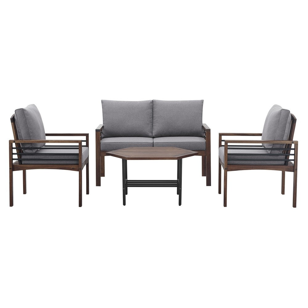 4-Piece Modern Wood and Metal Outdoor Patio Conversation Set - Gray/Dark Brown