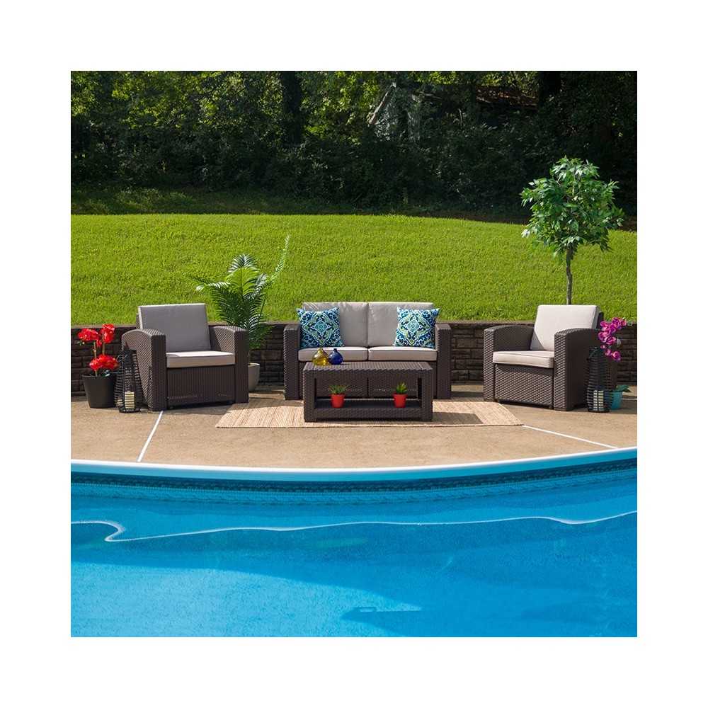 4 Piece Outdoor Faux Rattan Chair, Loveseat and Table Set in Chocolate Brown