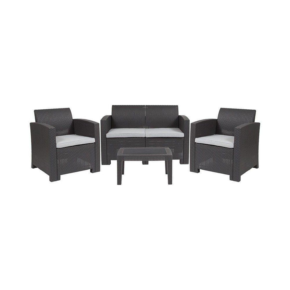 4 Piece Outdoor Faux Rattan Chair, Loveseat and Table Set in Dark Gray
