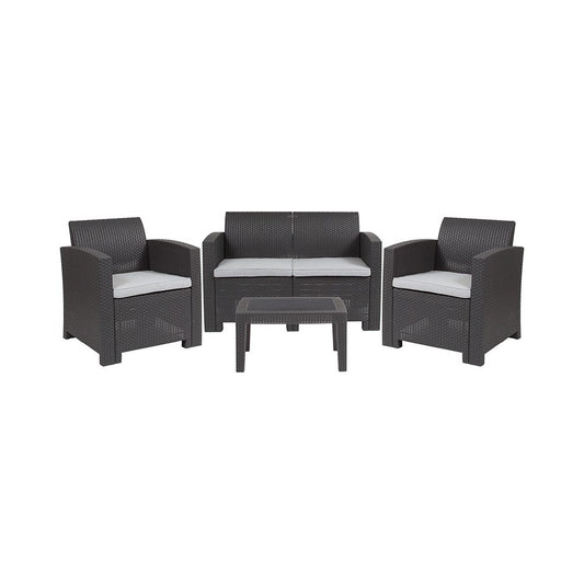4 Piece Outdoor Faux Rattan Chair, Loveseat and Table Set in Dark Gray