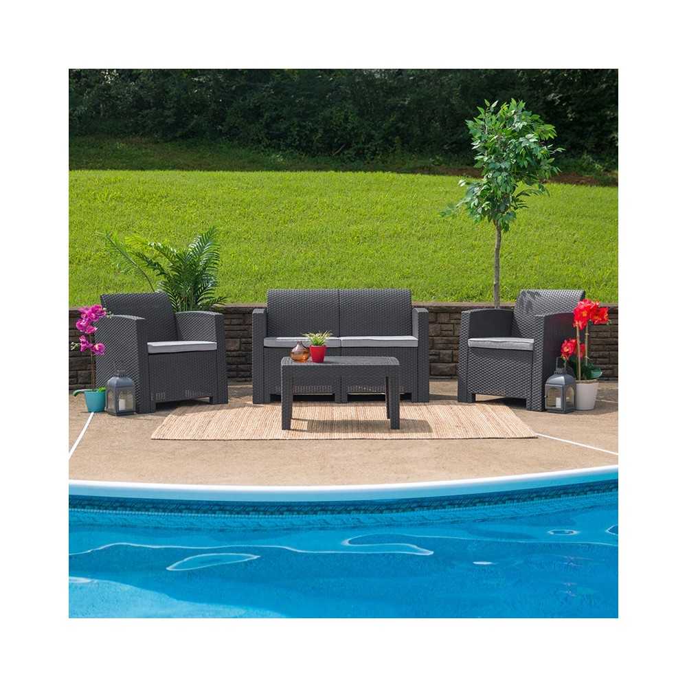 4 Piece Outdoor Faux Rattan Chair, Loveseat and Table Set in Dark Gray