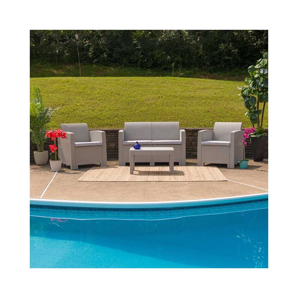 4 Piece Outdoor Faux Rattan Chair, Loveseat and Table Set in Light Gray