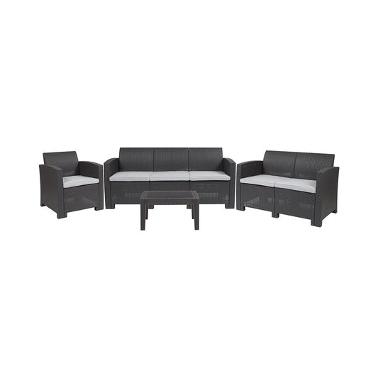 4 Piece Outdoor Faux Rattan Chair, Loveseat, Sofa and Table Set in Dark Gray