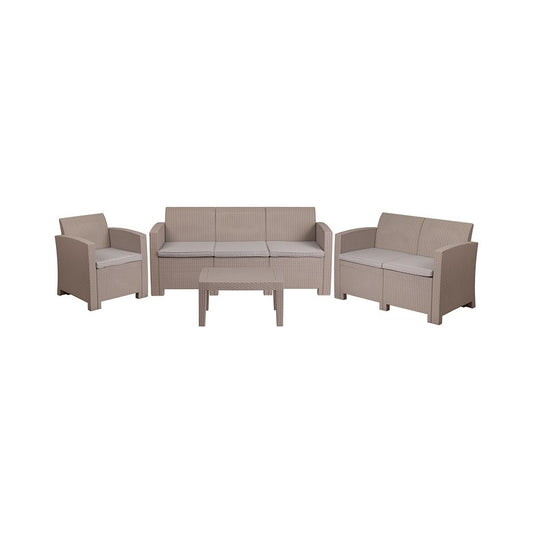 4 Piece Outdoor Faux Rattan Chair, Loveseat, Sofa and Table Set in Light Gray