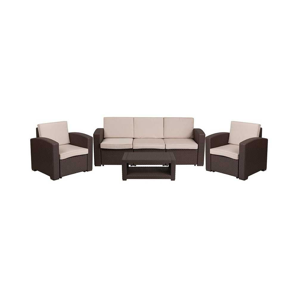 4 Piece Outdoor Faux Rattan Chair, Sofa and Table Set in Chocolate Brown
