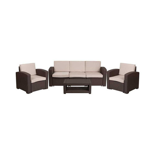 4 Piece Outdoor Faux Rattan Chair, Sofa and Table Set in Chocolate Brown