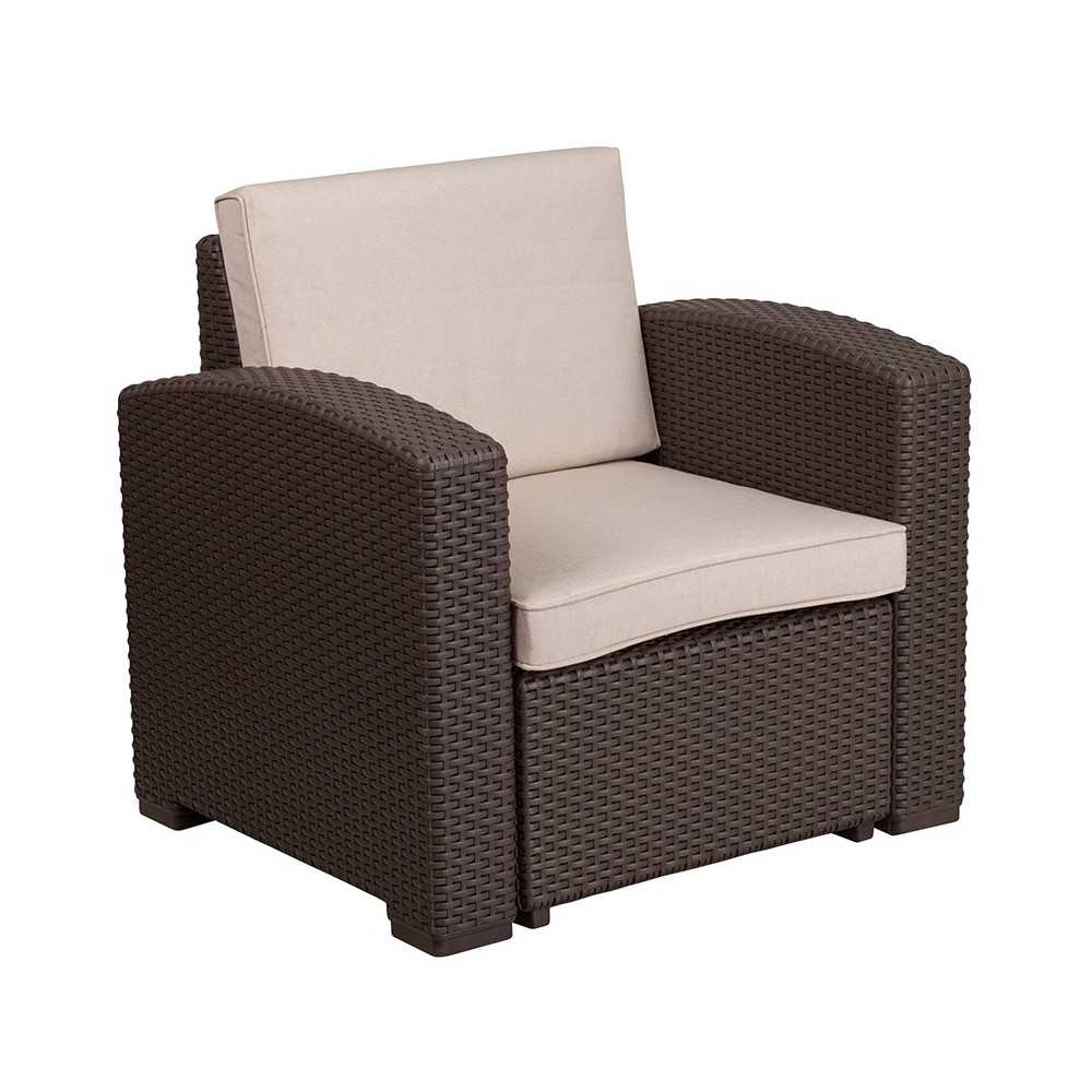 4 Piece Outdoor Faux Rattan Chair, Sofa and Table Set in Chocolate Brown