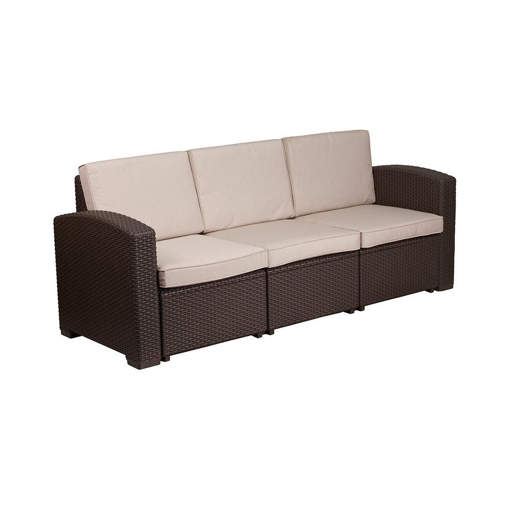 4 Piece Outdoor Faux Rattan Chair, Sofa and Table Set in Chocolate Brown