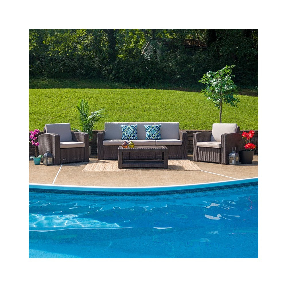 4 Piece Outdoor Faux Rattan Chair, Sofa and Table Set in Chocolate Brown
