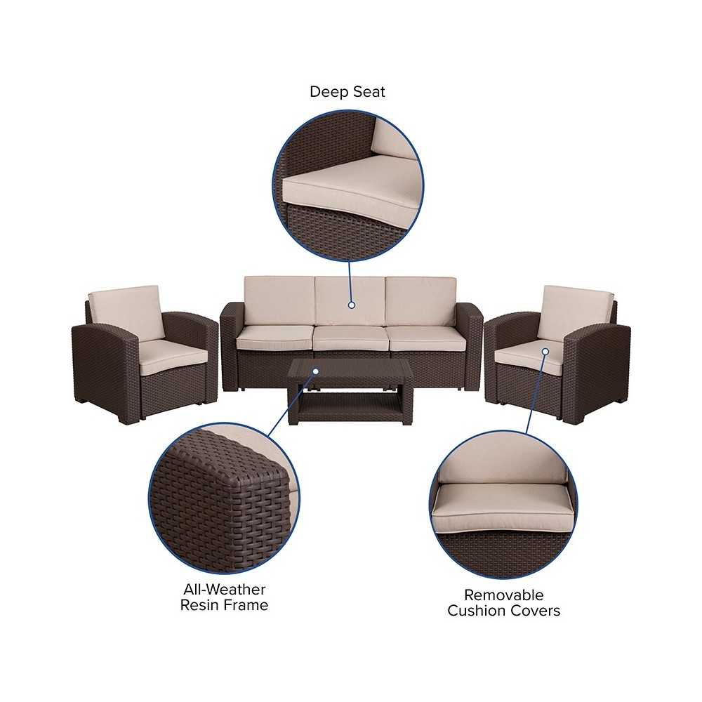4 Piece Outdoor Faux Rattan Chair, Sofa and Table Set in Chocolate Brown